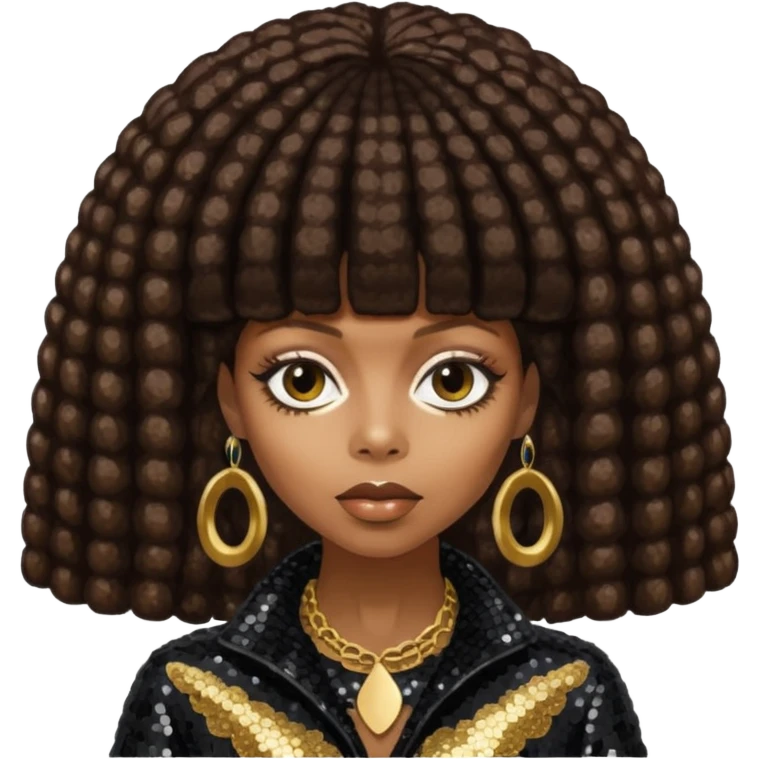 Erykah Badu with dark brown hair, dark brown sequin outfit emoji