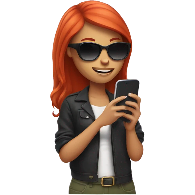 Red hair girl with sunglasses With a cell phone in her hands Checking text from her friend emoji