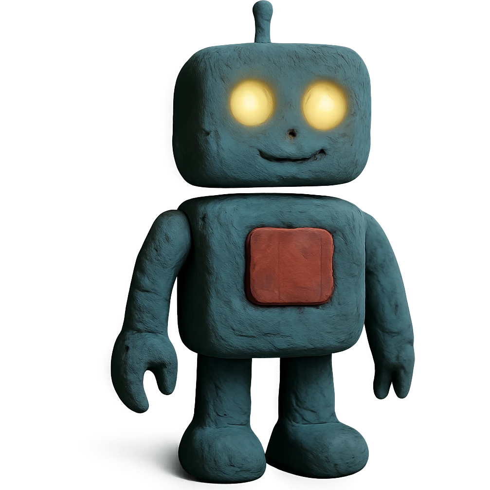 claymation style AI robot with friendly face, glowing eyes, slightly spooky emoji