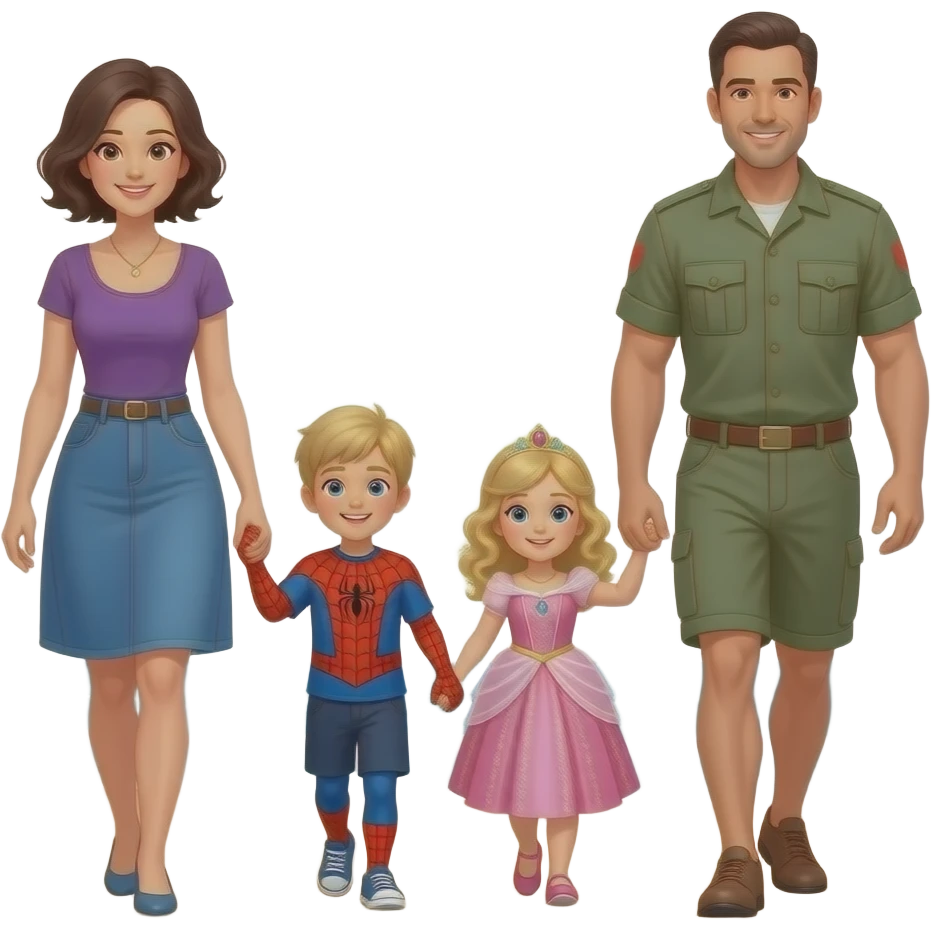 Family of 4 dark haired mom with short wavy hair, Dark haired dad military cut, blond haired in Spider-Man shirt 5 year old boy and blond and curly hair 3 year old in a princess dress walking on the beach emoji