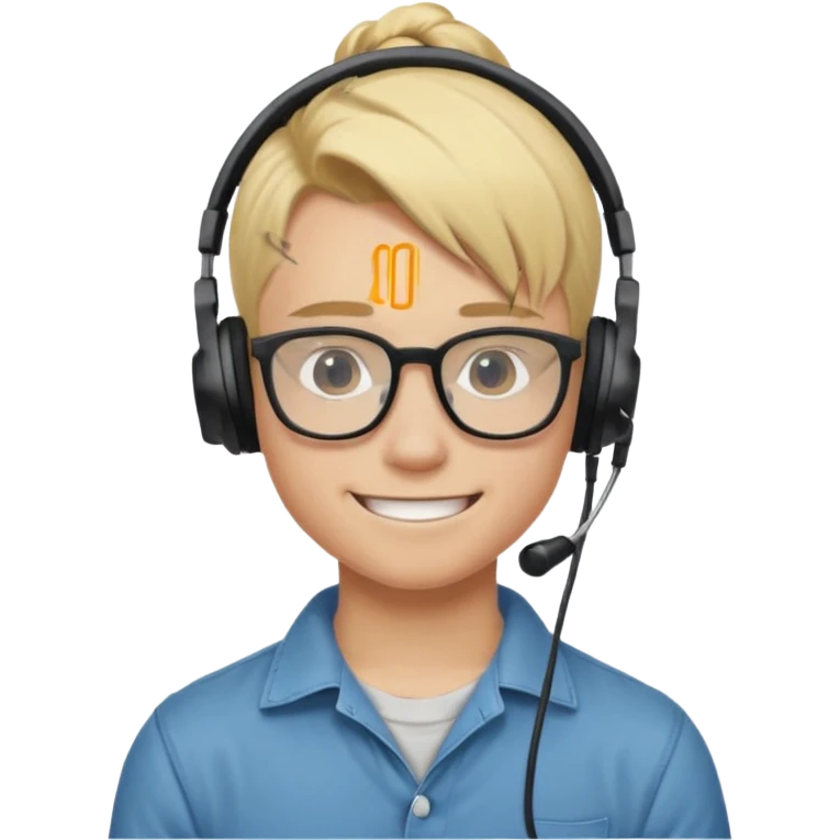 blond hair teen boy pony tail undercut with tattoo on his neck, wearing glasses, strong built, smile warmly with headphone emoji