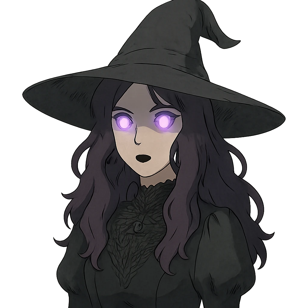 gothic woman with purple hair, witchy touch, wearing a witch hat and glowing eyes, ghibli style emoji