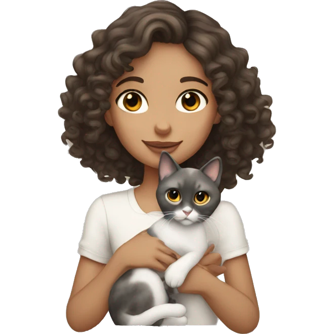 curly brunette girl gray eyes holding siamese cat emoji
