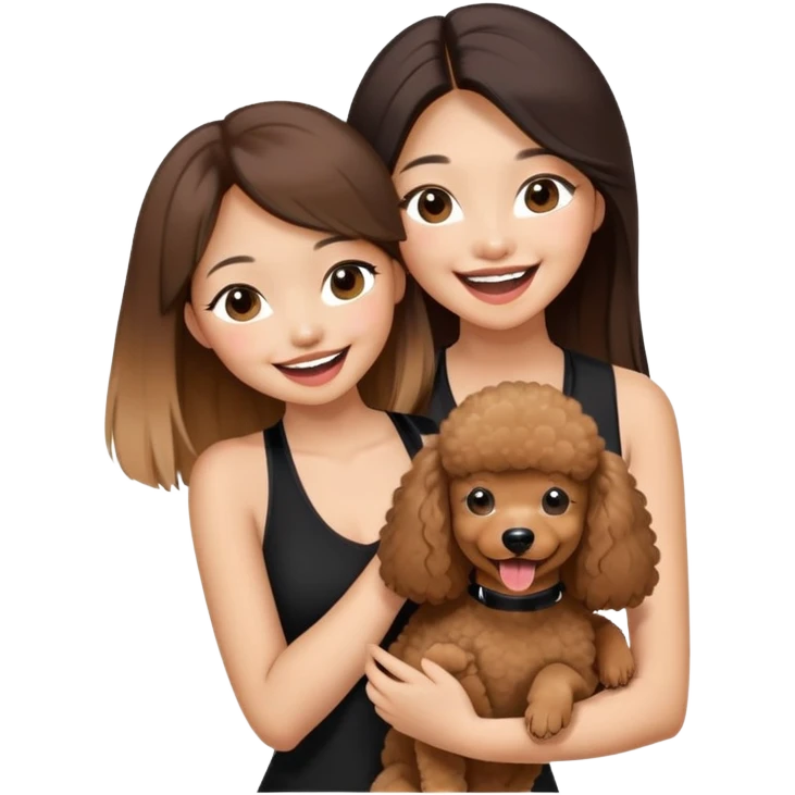 a asian girl with long straight balayage hair, long lashes, laughing, wearing black halterneck top, and holding a brown poodle emoji