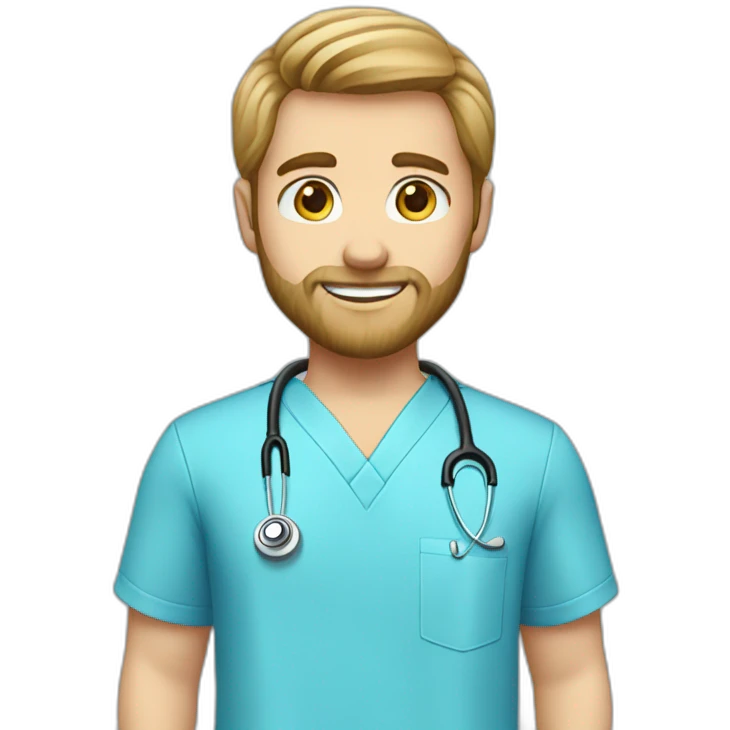 male dark blond with beard doctor in baby blue scrubs emoji