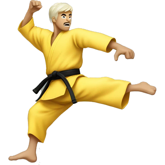 a karate man doing a flying kick mid-air, yellow skin emoji