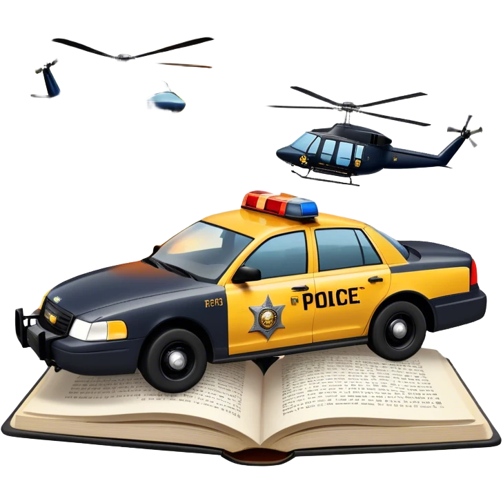 Icon for Action & Crime Reading: an open book with text, from which a police car is driving out along the pages, with explosions behind, a helicopter flying overhead, and a pistol with ammo and grenades in front. Transparent background. emoji