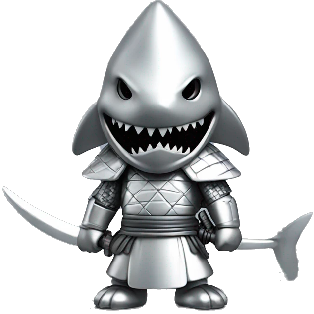 A fully silver chrome figurine of a shark in a samurai outfit. emoji