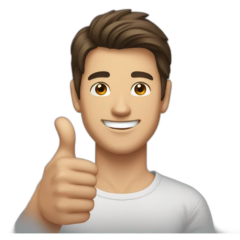 guy with brown hair, medium length hair, in his 20s, asian, smiling, t-shirt, thumbs up emoji