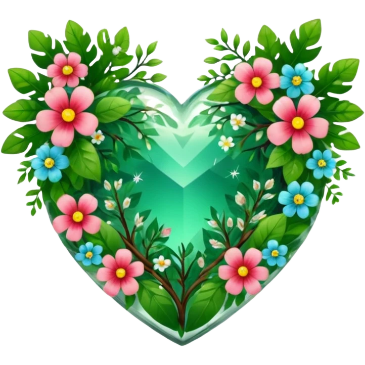 crystal heart with forest inside and floral decoration around emoji