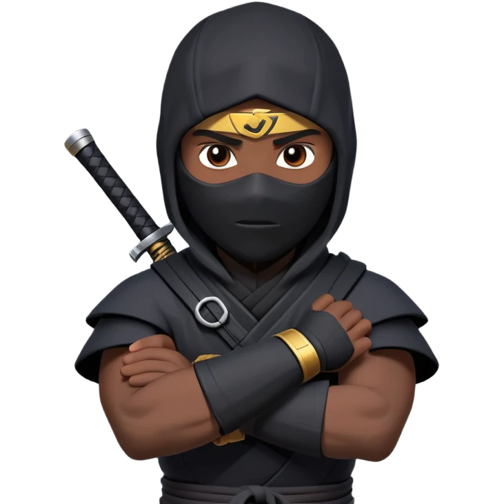 clash-of-clans-aesthetic_-cinematic-mysterious-male-ninja-portrait-emoji, rendered in a flat, vector-style with minimal shading and bold, simplified shapes, his arm is stretched out  with a head slightly turned revealing intense, focused eyes. the ninja has his arm out and perched on top of his forearm is  a black crow emoji