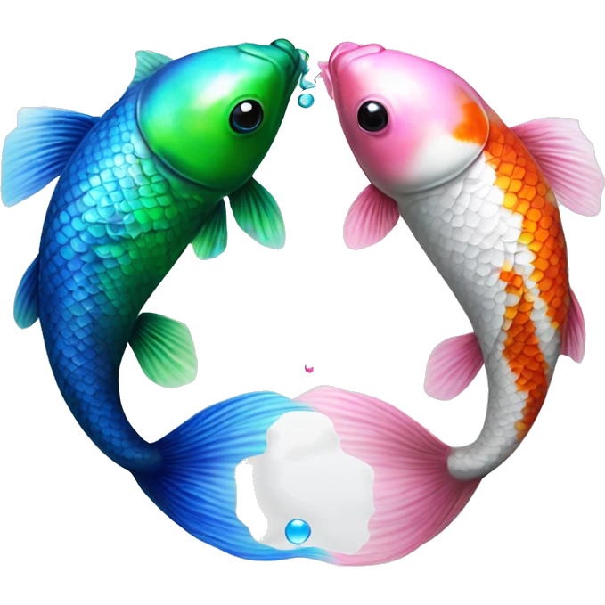  Two realistic koi fish, one green & blue, the other pink & white, swimming into each other, ying yang, Pisces fish, cloudy, water, dreamy, bubbles, iridescent emoji