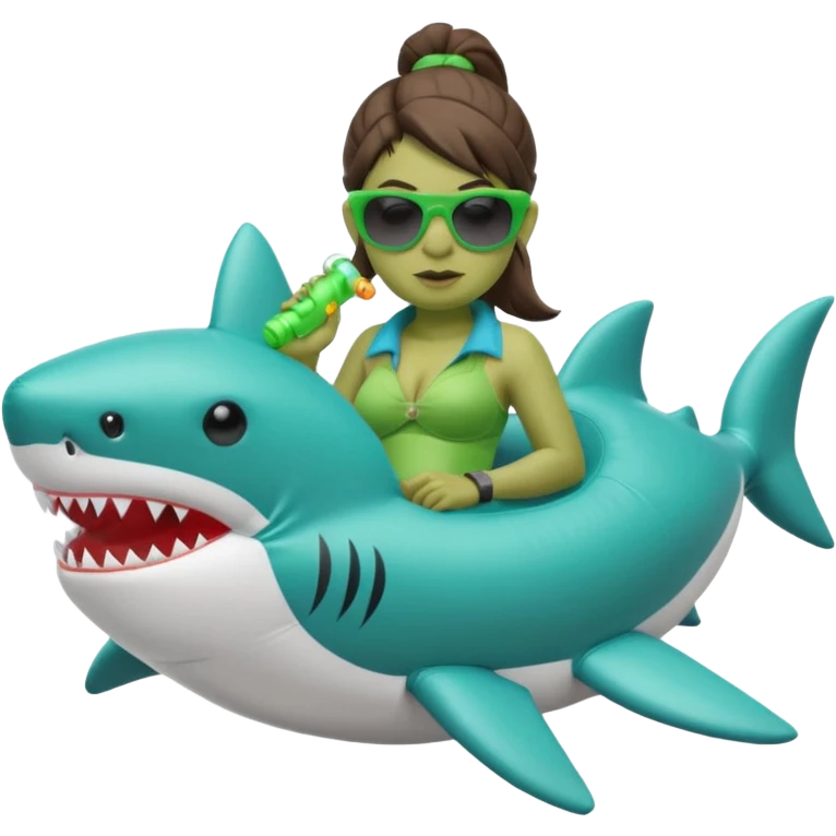 orc female sitting in an inflatable floatie shaped like a shark, wearing oversized sunglasses and a whistle on a neck cord emoji