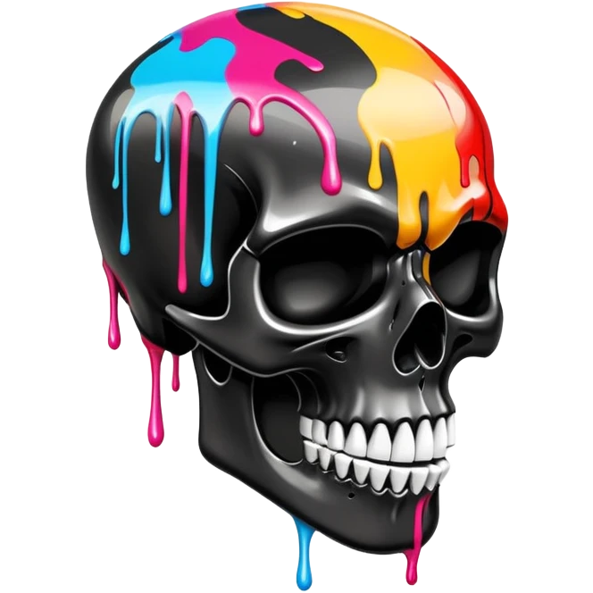glossy black skull with street style colorful graffiti drips and iconic sports brand logos, side profile emoji