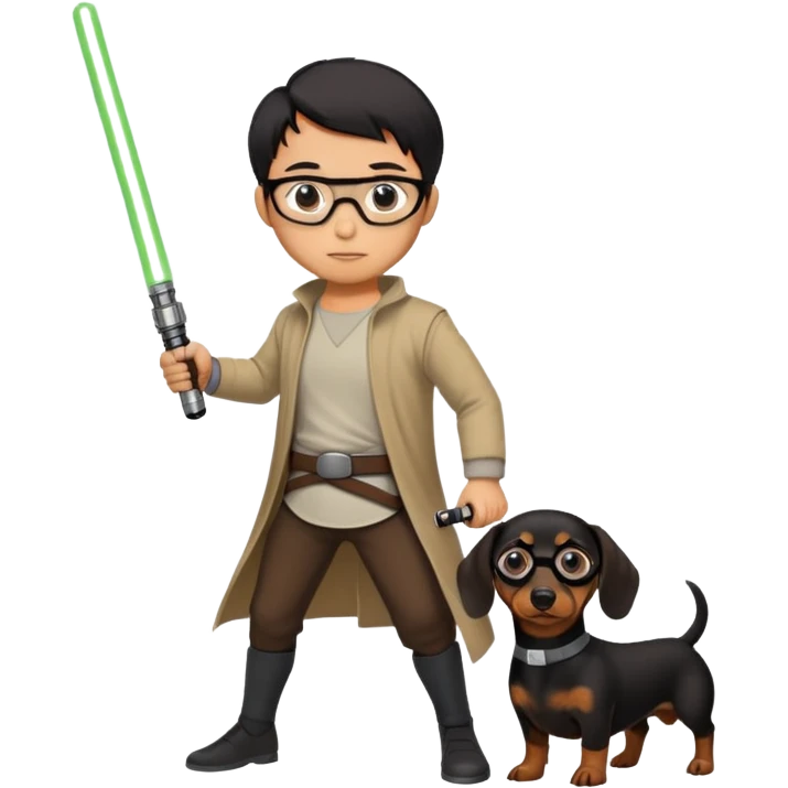 asian guy with eyeglasses and black short hair holding a lightsaber with a black and brown dachshund next to him emoji