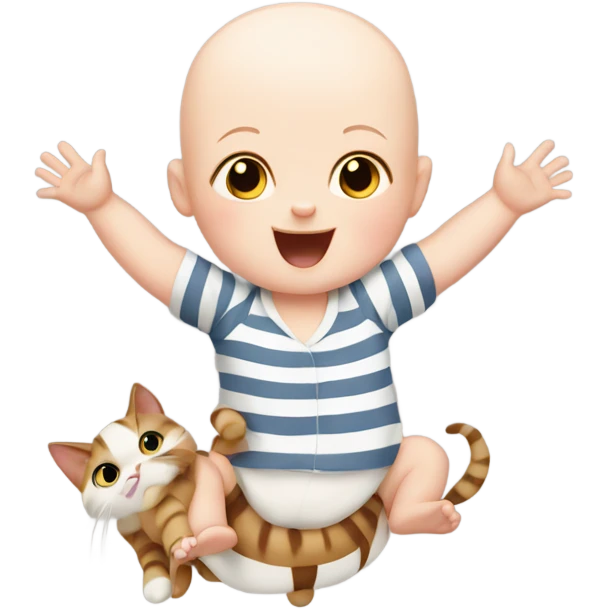 bald white baby riding on a striped cat with its arms in the air emoji