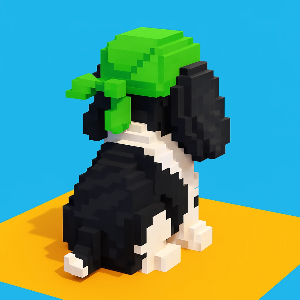 A black and white Russian Cocker Spaniel puppy wearing a green durag, voxel style, sitting, facing backward emoji