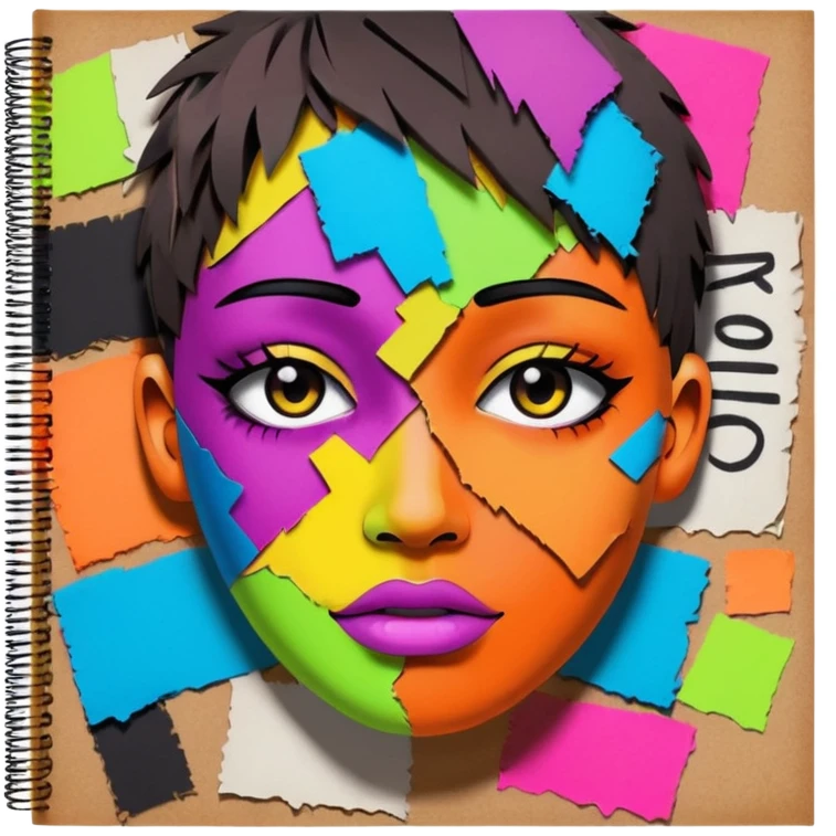 Colourful dark neon graffiti scribble scrapbook patchwork Person face portrait made entirely of multicoloured torn up magazines emoji