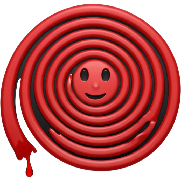 Minimalist emoji-style sticker of a coiled red carpet with drops of blood on the floor around it. Flat design, black and desaturated red tones, no perspective, bold lines. emoji