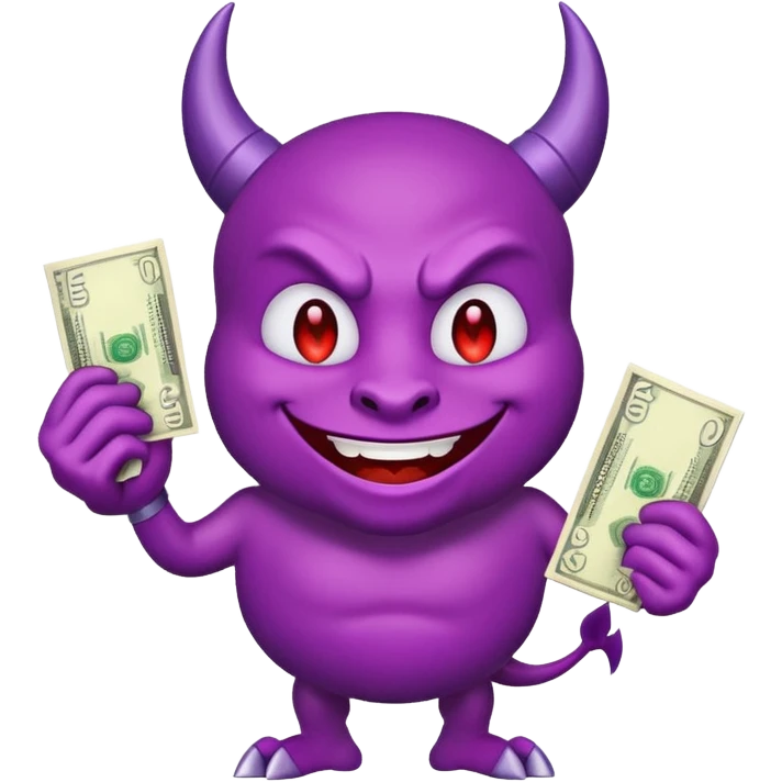 purple devil emoji with money. fun and light hearted, dont make the devil look evil emoji