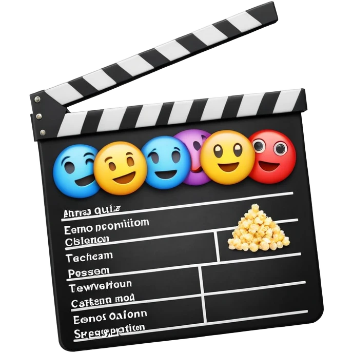 A colorful title slide for "The Emoji Movie Quiz" slideshow game with movie clapperboard, popcorn, and quiz elements arranged in presentation format emoji