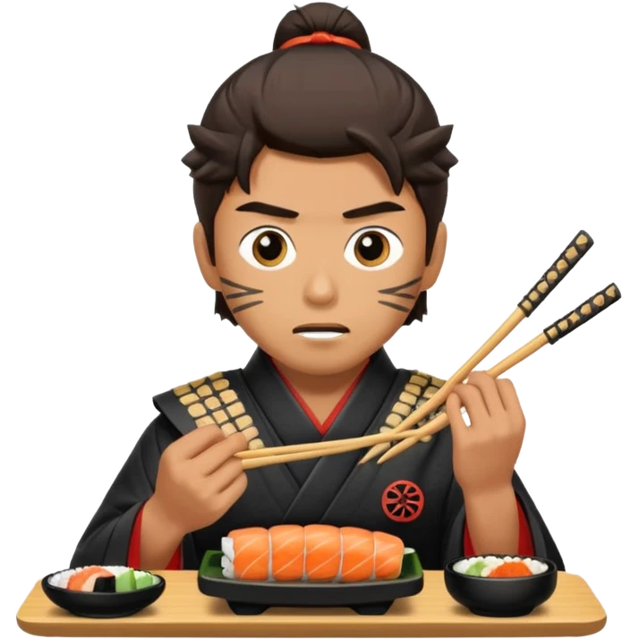 Man with wide eyes eating sushi in a samurai outfit emoji