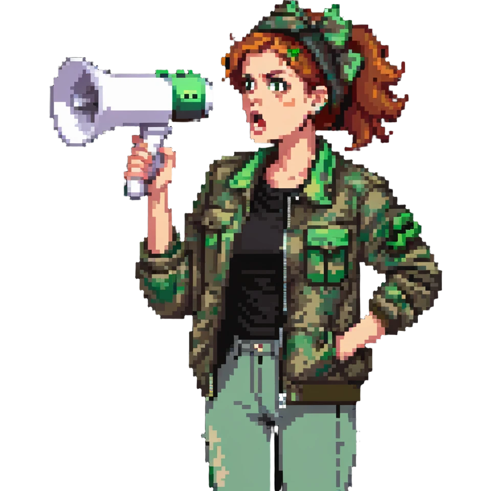 woman with a green headband, camo jacket, holding a megaphone, expression of disdain or anger, conveying dislike for elite people emoji