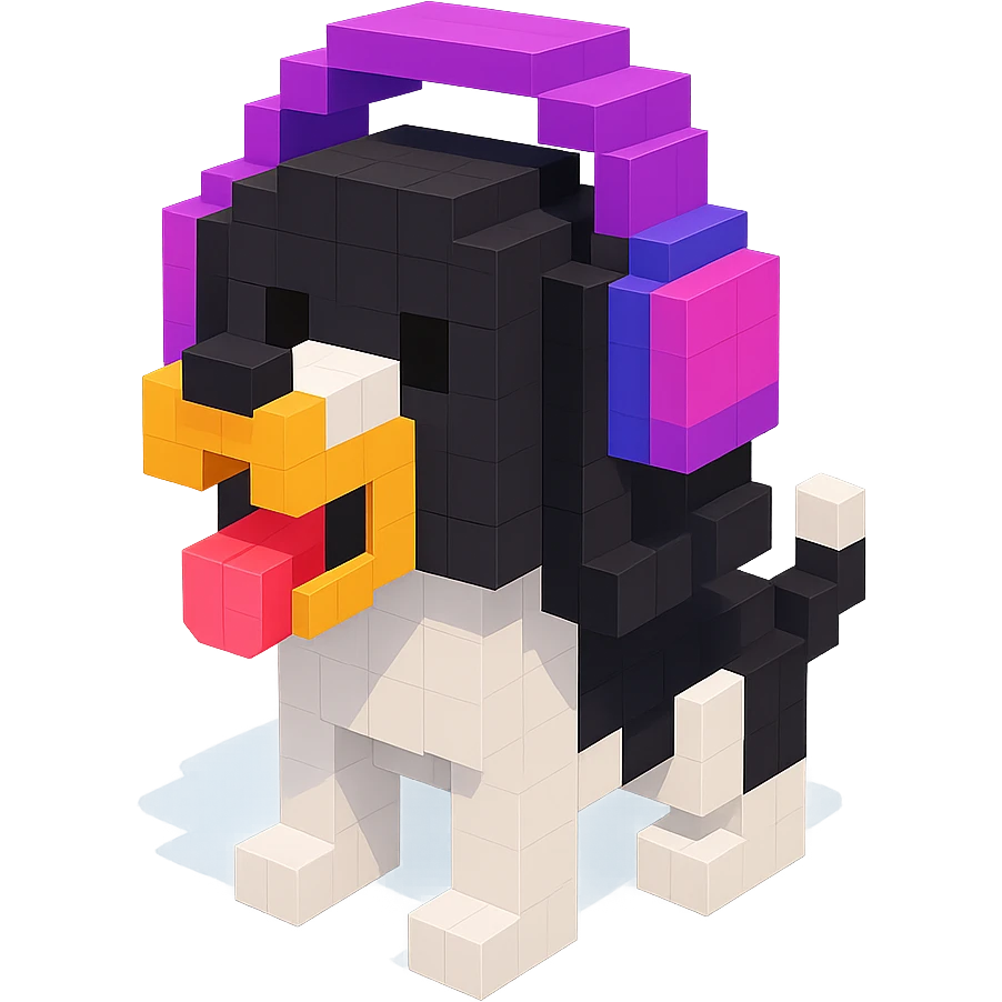 black and white Russian Cocker Spaniel puppy wearing headphones, barking pose emoji