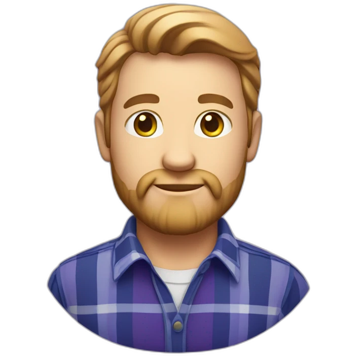 "Avatar of a white man with a light beard, wearing a blue plaid shirt, on a purple gradient." emoji