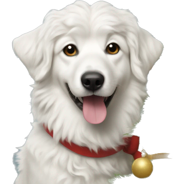 curly white dog under Christmas tree emoji