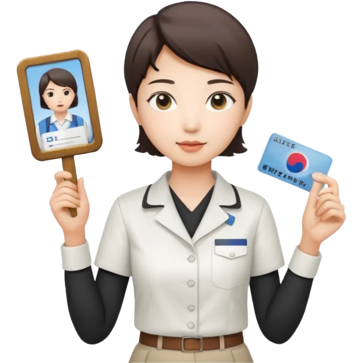 A Korean short-haired female tour guide is wearing a white shirt and holding her guide license in one hand, which is a horizontal card. emoji