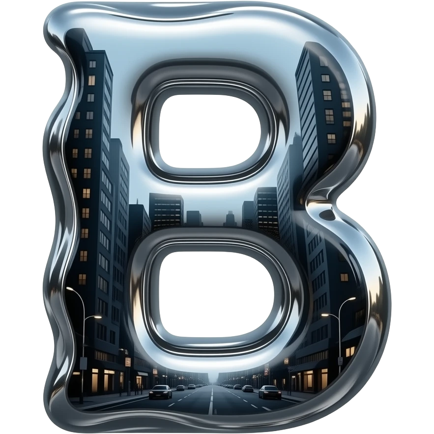 A hyper-realistic letter 'B' made of flowing, high-polish liquid chrome. Distorted reflections of a dark urban cityscape, sharp contrast, 8k resolution, 'Terminator' style aesthetic, clean and aggressive emoji