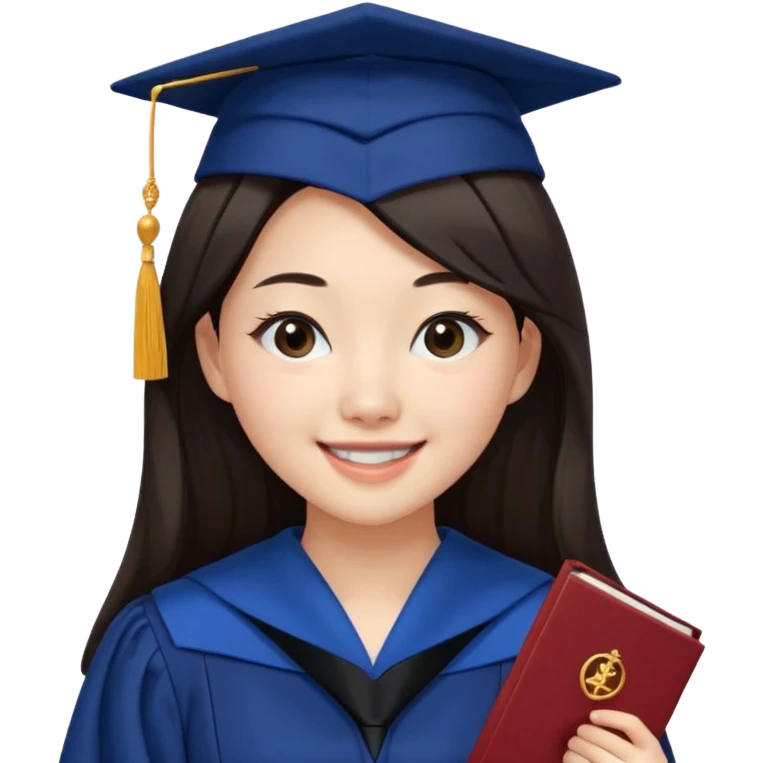 带着学士帽的，深棕色长发，黄种偏白皮肤的，高鼻梁，不戴眼镜的女博士生，在单只眼眨眼并开朗的笑，年龄26岁，学士服全身深蓝色短绒质地，但是黑领子， emoji
