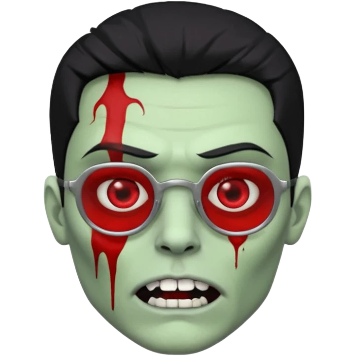 homem zumbi de óculos cabelo preto com muita olheira deixar pele dele verde dentes brancos e olhos vermelhos e ensanguentados deixar óculos quadrado e preto e olhos cheio de veias vermelhas piercing em todo rosto piercing prata colocar risco nas duas sobrancelhas e colocar lábios em sua boca emoji