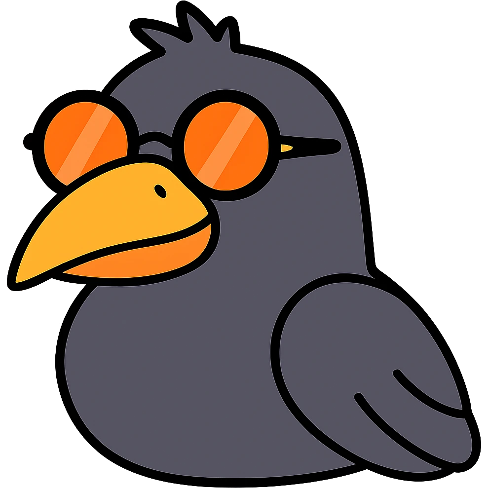 Make the bird emoji even less realistic—more cartoonish and simplified, but keep the same pose, orange beak, and round sunglasses. Minimal feather texture, smooth shading, and a playful look. Bird looking to the right. No background. Maintain the style of the original bird emoji but make it more cartoonish and simplified. emoji