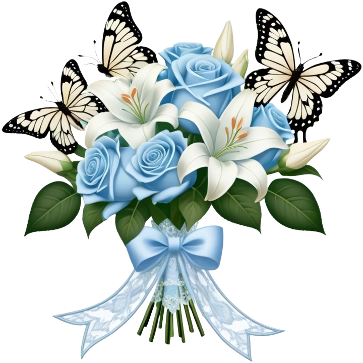 A classic bouquet of pale blue roses, delicate white lilies, and trailing jasmine, tied together with an embroidered ivory ribbon. A butterfly with lace-like wings hovers nearby, casting a soft, intricate shadow over the bouquet. emoji
