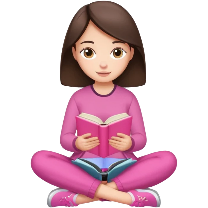 brunette reading a pink book sitting cross-legged emoji