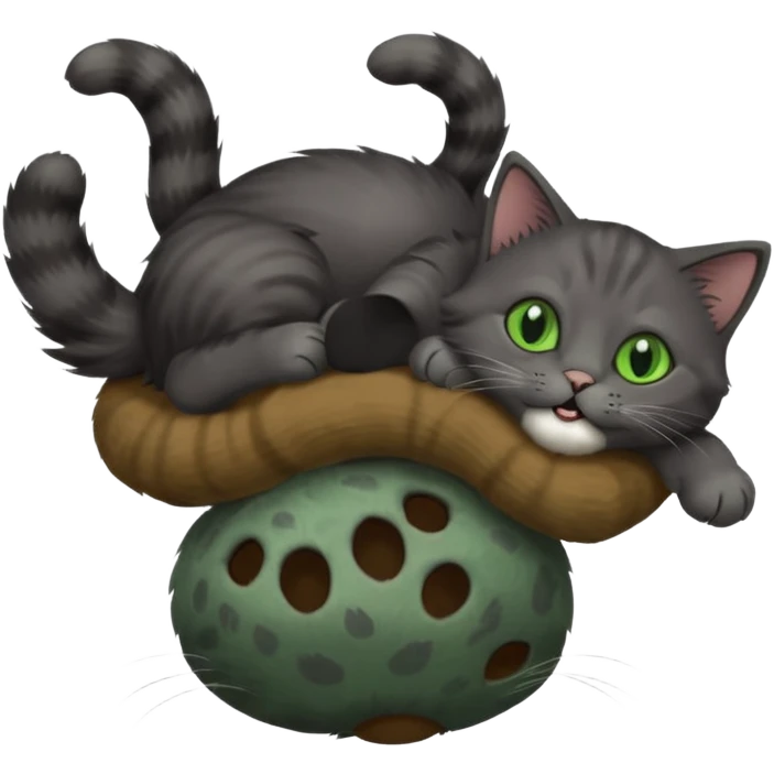 solid dark grey cat with green eyes, completely solid grey face, white toes/paws playing rolling upside down emoji