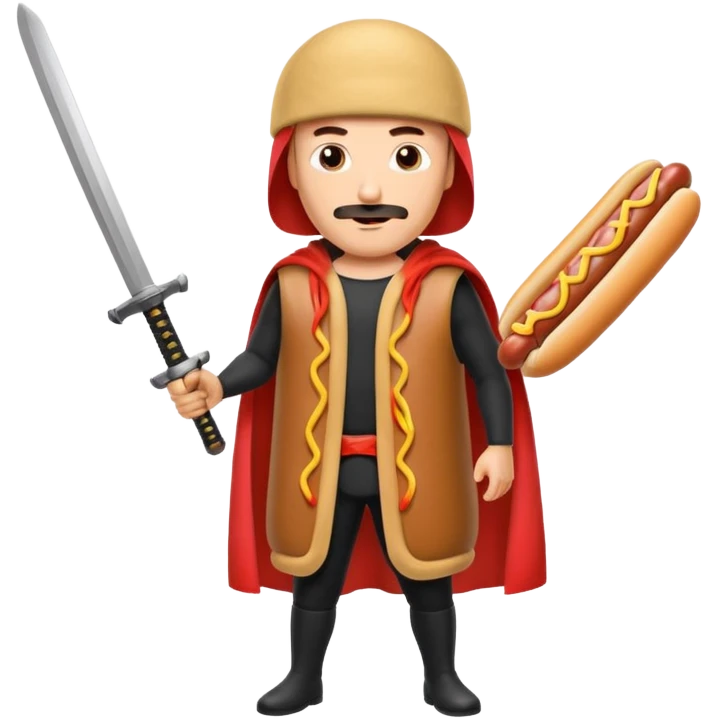 Middle aged attractive man wearing a hot dog costume wielding a katana emoji