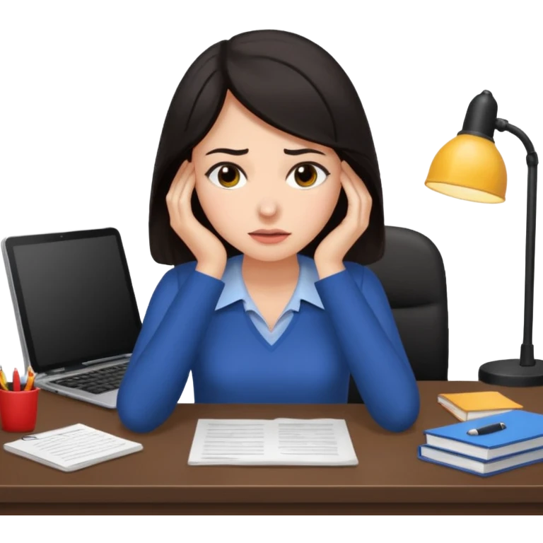  iOS emoji style - An overwhelmed woman sitting at a desk. She has dark hair. emoji