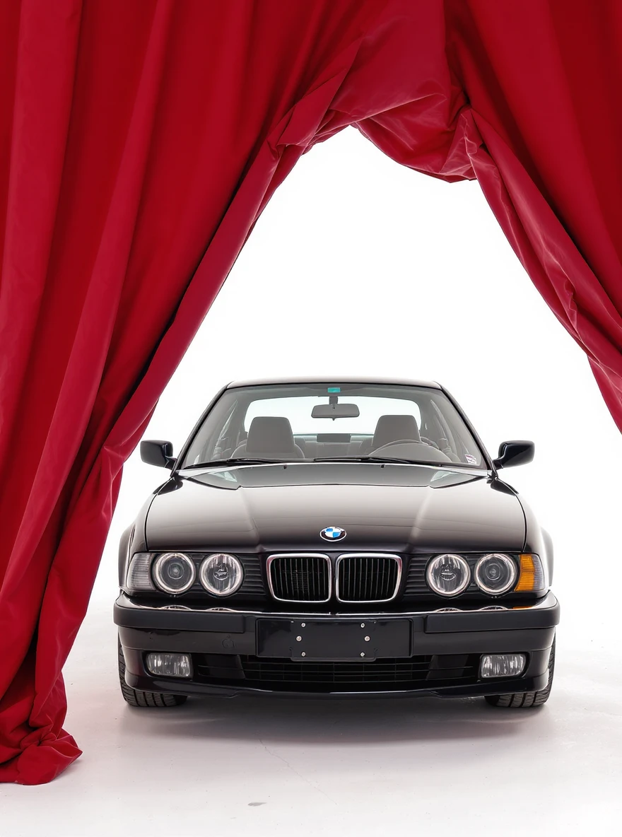 studio photo on a pure white background old black BMW E34 car is visible from under a red tent cover emoji