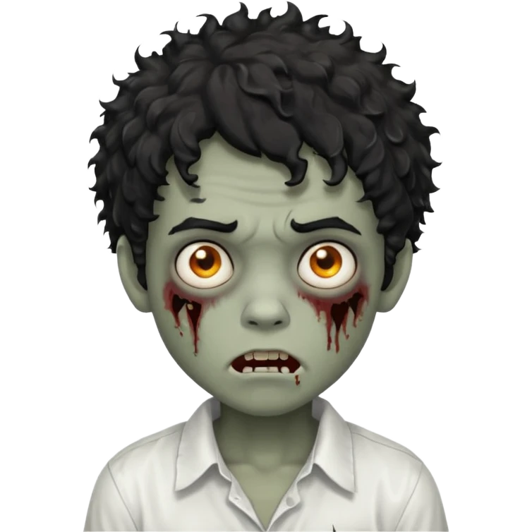 Boy, zombie, black hair, curly hair with white tips, shaggy, dark, spooky, creepy expression, white shirt emoji