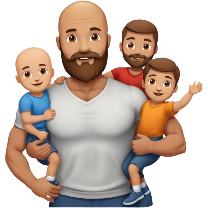 Happy Muscular Bald beard man with his wife long brown hair and 3 sons emoji