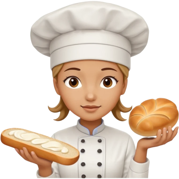 Young female baker - white chef hat, framing white cream pattern on bread emoji
