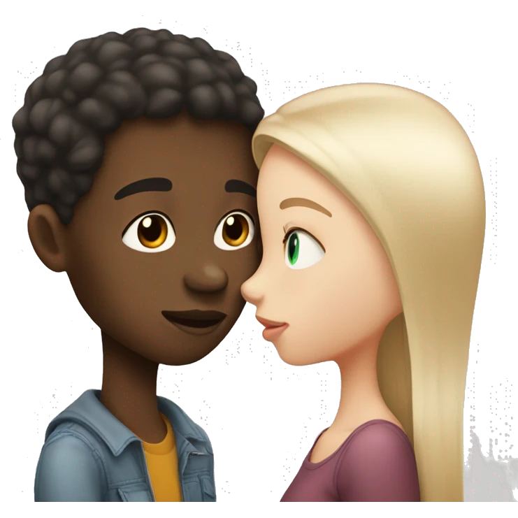 An African-American boy kissing a girl has white skin and straight hair emoji