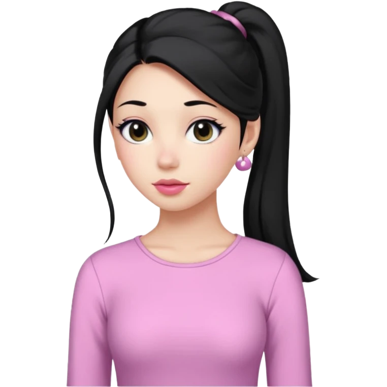 a woman with long sleeve dress top, her hair is long black pony tail, her face is soft girl style, her eyes color are black and the color of her lip is soft pink emoji