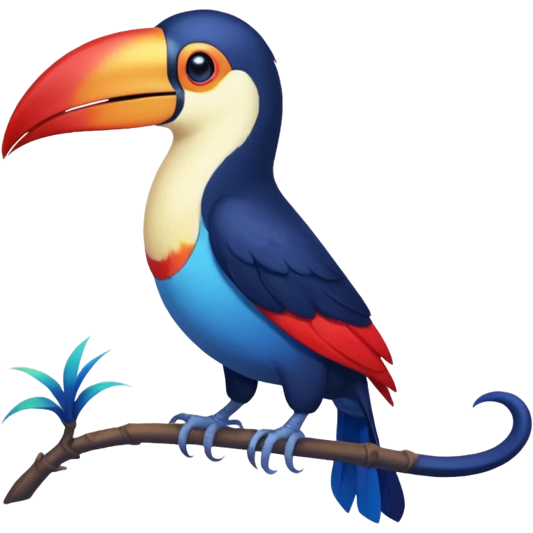 Blue tropical toucan-fakemon-bird, with red long beak, with a short blue lizard-tail curled inwards, Genshin Impact’s Dusk Bird emoji