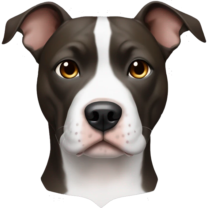 An amstaff pittbull with raised ears, all black, with brown eyes and white paws, and a white spot on his chest emoji