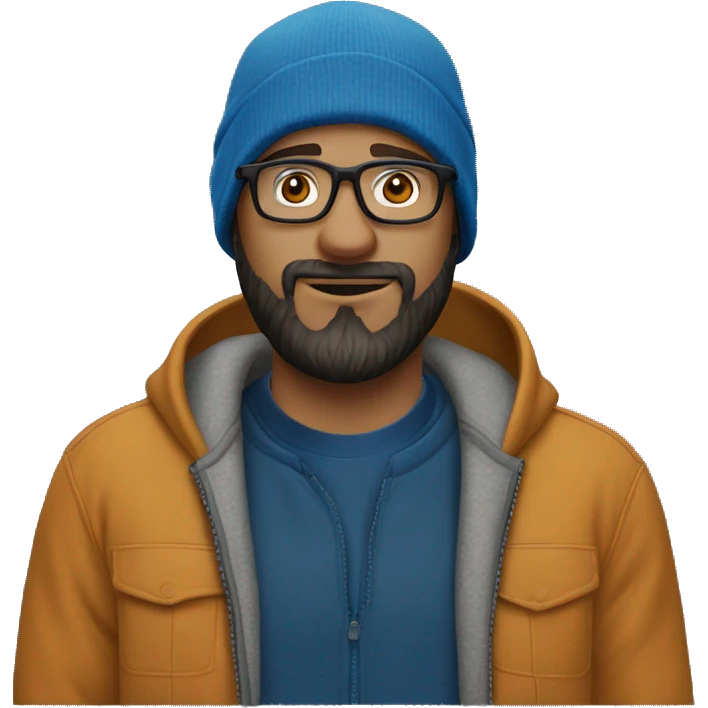 white man with a beard in a blue hoodie wearing a black carhartt beanie and clear glasses emoji