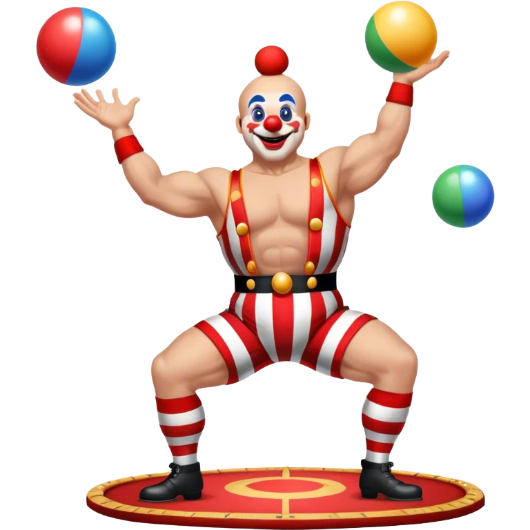 Icon for Circus Arts: a vibrant round circus arena with a strongman in a striped costume, a juggler performing and a clown entertaining the crowd. The icon should capture the energy and excitement of a circus performance. Transparent background. emoji